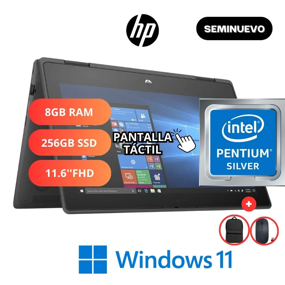 HP ProBook x360 11 G5 EE Pentium N530 8GB 256SSD Touch W11 Pro + Mochila y Mouse